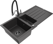 Mexen Andres granite sink 1.5-bowl with drainer and Duo kitchen faucet, speckled black - 6515-76-671701-07-B