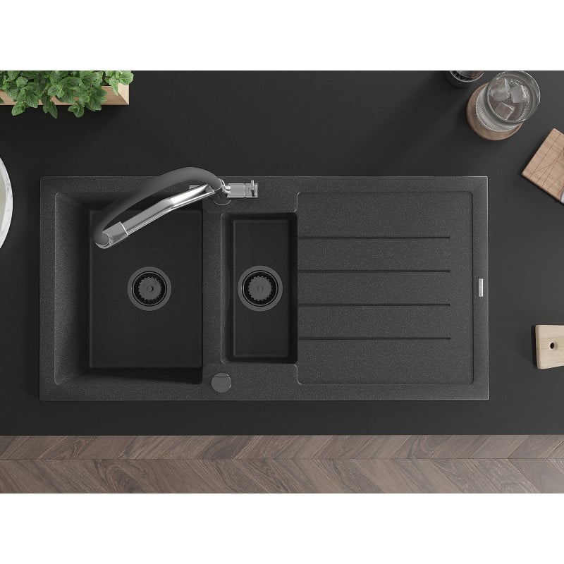 Mexen Andres fregadero de granito de 1,5 cubetas con escurridor y grifo de cocina Duo, negro moteado - 6515-76-671701-07-B