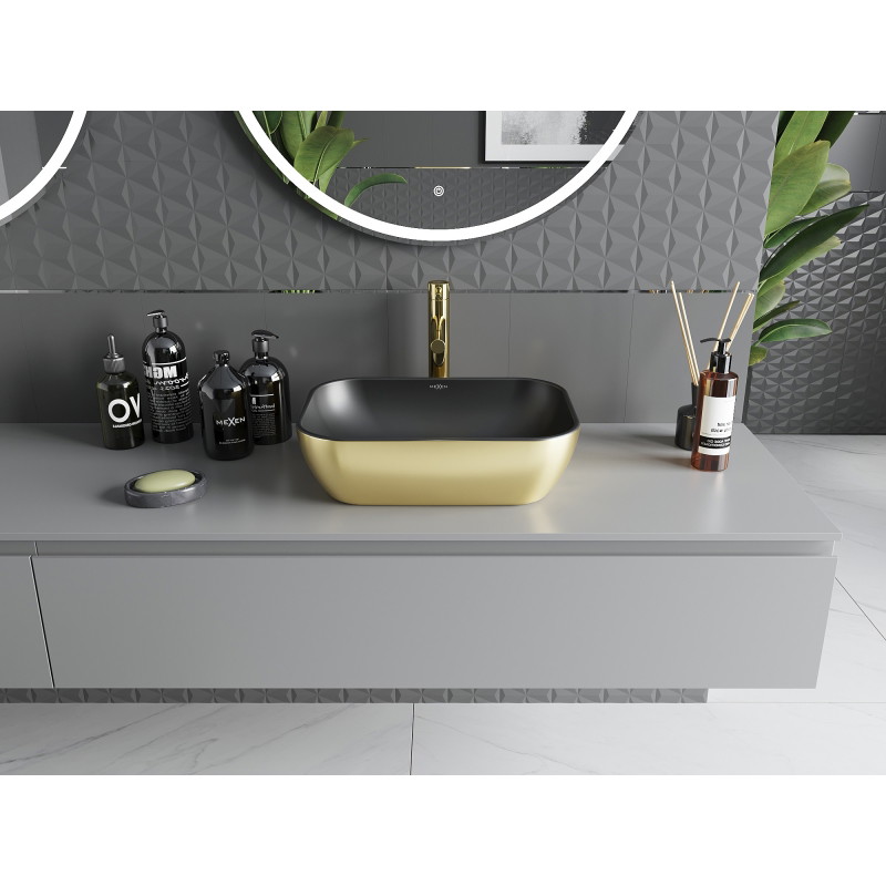 Mexen Rita lavabo de sobremesa 45 x 32 cm, negro mate/dorado - 21084576