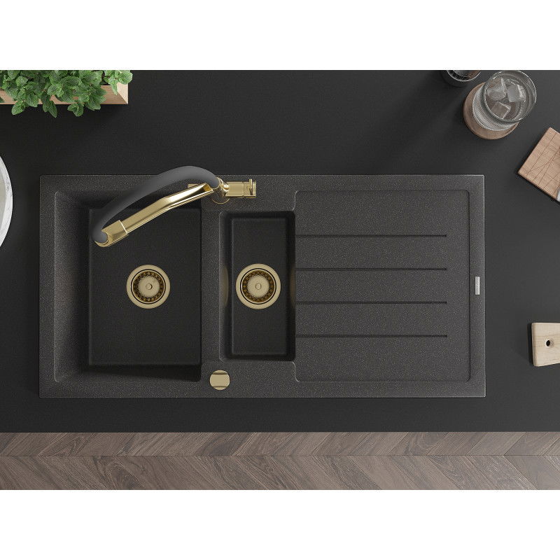Mexen Andres 1.5-bowl granite sink with drainer and Duo kitchen tap, speckled black - 6515-76-671701-57-G
