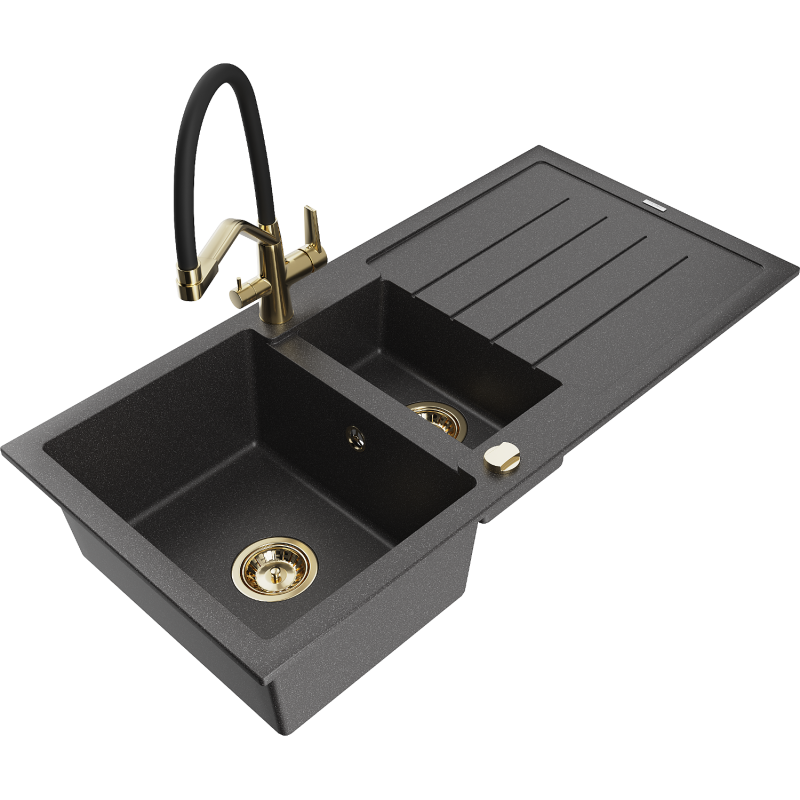 Mexen Andres 1.5-bowl granite sink with drainer and Duo kitchen tap, speckled black - 6515-76-671701-57-G