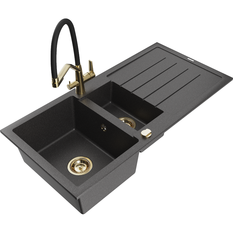 Mexen Andres fregadero de granito de 1,5 senos con escurridor y grifo de cocina Duo, negro moteado - 6515-76-671701-57-G