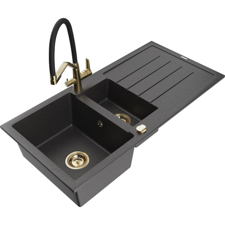 Mexen Andres 1.5-bowl granite sink with drainer and Duo kitchen tap, speckled black - 6515-76-671701-57-G