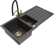 Mexen Andres fregadero de granito de 1,5 senos con escurridor y grifo de cocina Duo, negro moteado - 6515-76-671701-57-G