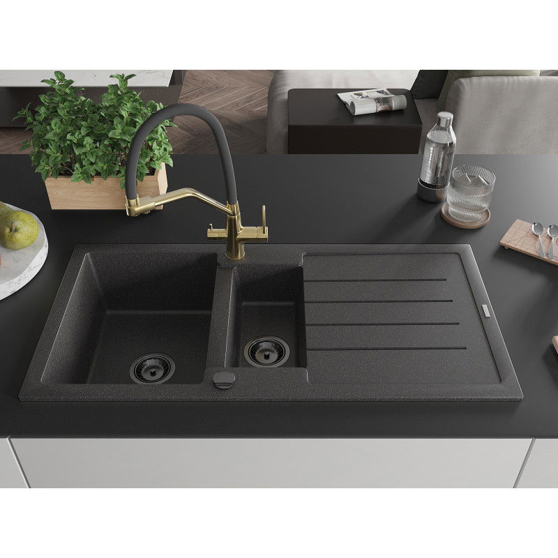 Mexen Andres 1.5-bowl Granite Sink with Drainer and Duo Kitchen Tap, Speckled Black - 6515-76-671701-57-B