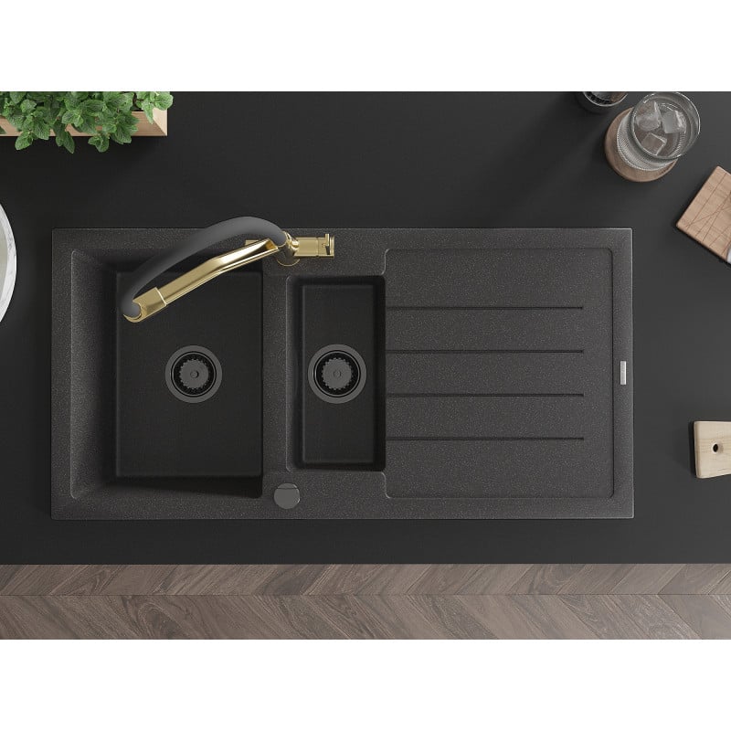 Mexen Andres 1.5-bowl Granite Sink with Drainer and Duo Kitchen Tap, Speckled Black - 6515-76-671701-57-B