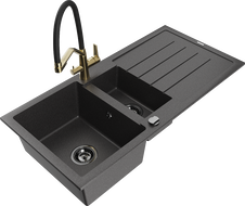 Mexen Andres fregadero de granito de 1,5 senos con escurridor y grifo de cocina Duo, negro moteado - 6515-76-671701-57-B