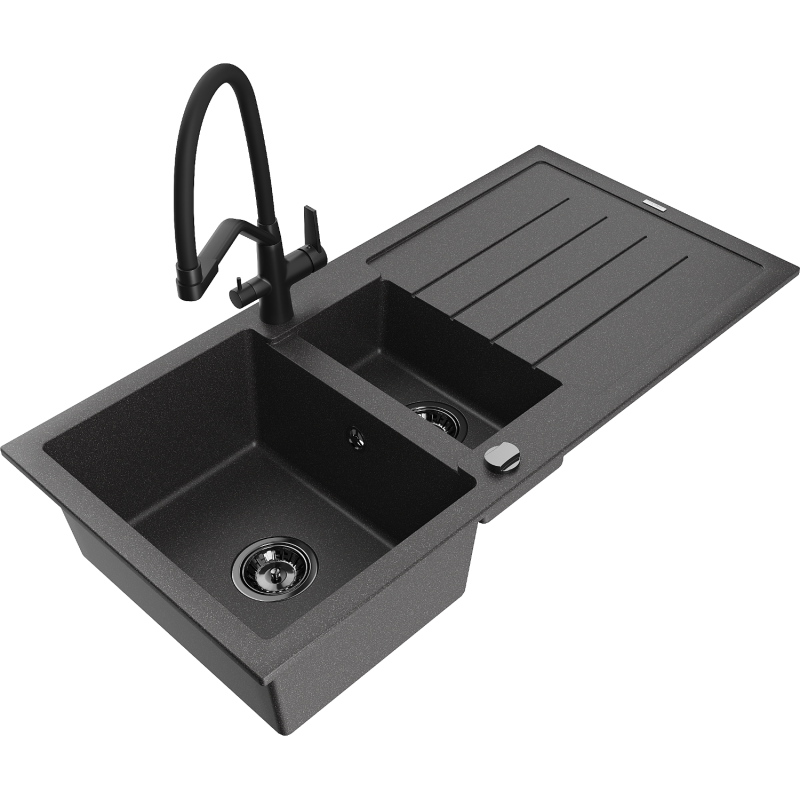 Mexen Andres fregadero de granito de 1,5 tazones con escurridor y grifo de cocina Duo, negro moteado - 6515-76-671701-70-B
