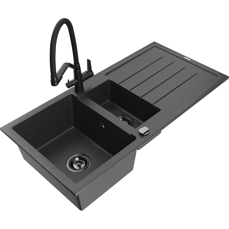 Mexen Andres Granit Spullsteen 1,5-Komore mat Oflausaat an Kichenkrunn Duo, schwaarz gesprenkelt - 6515-76-671701-70-B