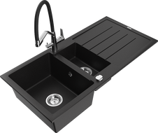 Mexen Andres fregadero de granito de 1,5 senos con escurridor y grifo de cocina Duo, negro - 6515-77-671701-07