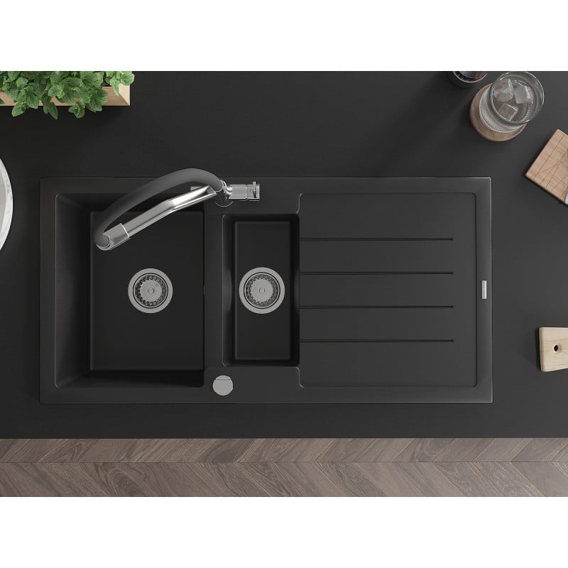 Mexen Andres fregadero de granito de 1,5 senos con escurridor y grifo de cocina Duo, negro - 6515-77-671701-07