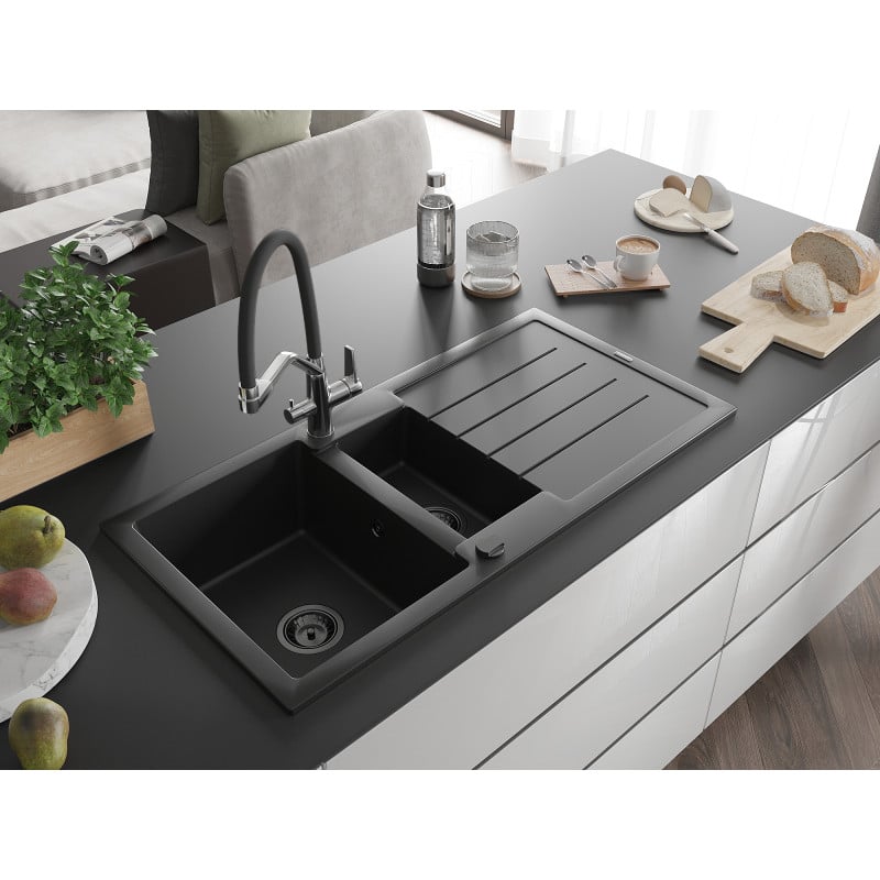 Mexen Andres fregadero de granito 1,5 compartimentos con escurridor y grifo de cocina Duo, negro - 6515-77-671701-07-B