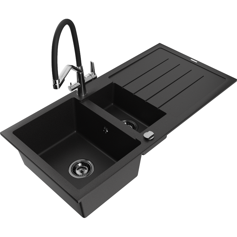 Mexen Andres fregadero de granito 1,5 compartimentos con escurridor y grifo de cocina Duo, negro - 6515-77-671701-07-B