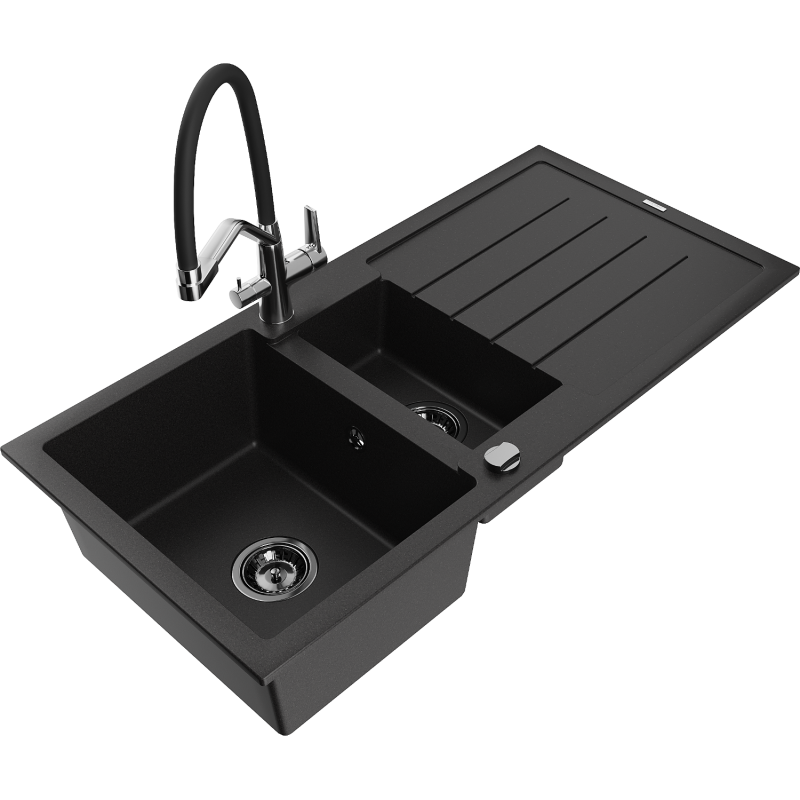Mexen Andres granite sink 1.5-bowl with drainer and Duo kitchen tap, black - 6515-77-671701-07-B