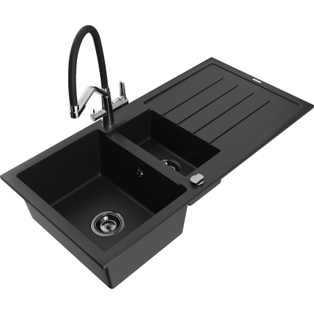 Mexen Andres granite sink 1.5-bowl with drainer and Duo kitchen tap, black - 6515-77-671701-07-B