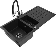 Mexen Andres fregadero de granito 1,5 compartimentos con escurridor y grifo de cocina Duo, negro - 6515-77-671701-07-B