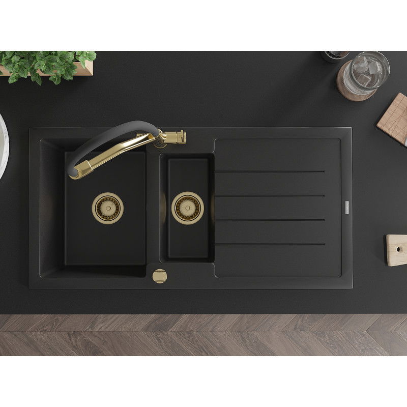 Mexen Andres fregadero de granito de 1,5 compartimentos con escurridor y grifo de cocina Duo, negro - 6515-77-671701-57-G