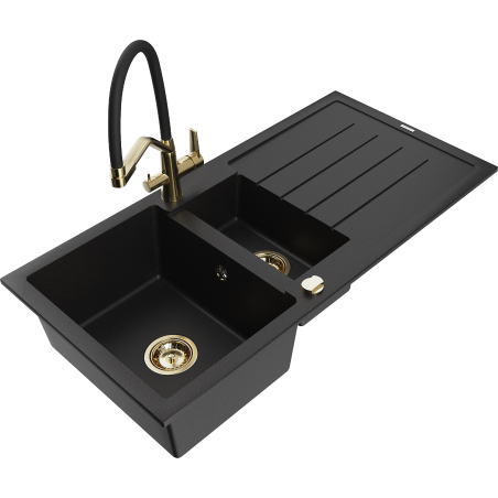 Mexen Andres fregadero de granito de 1,5 compartimentos con escurridor y grifo de cocina Duo, negro - 6515-77-671701-57-G