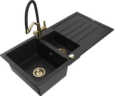Mexen Andres 1.5-bowl granite sink with drainer and Duo kitchen tap, black - 6515-77-671701-57-G