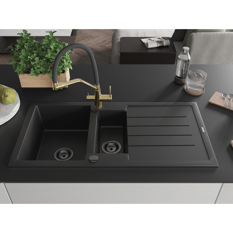 Mexen Andres fregadero de granito de 1,5 senos con escurridor y grifo de cocina Duo, negro - 6515-77-671701-57-B