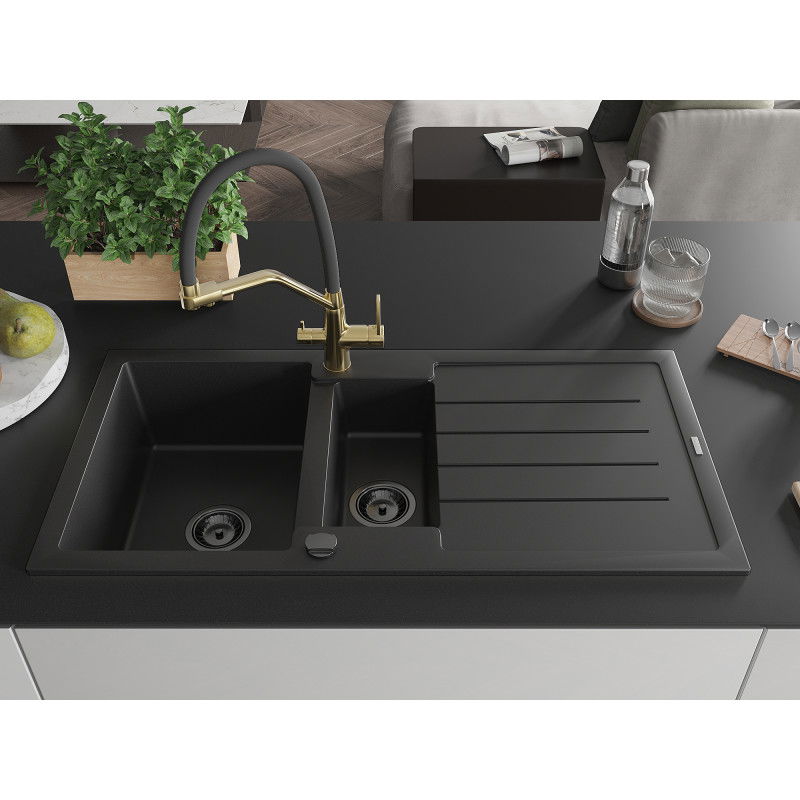 Mexen Andres granite sink 1.5-bowl with drainer and Duo kitchen tap, black - 6515-77-671701-57-B