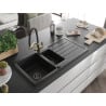 Mexen Andres fregadero de granito de 1,5 compartimentos con escurridor y grifo de cocina Duo, negro - 6515-77-671701-57-B