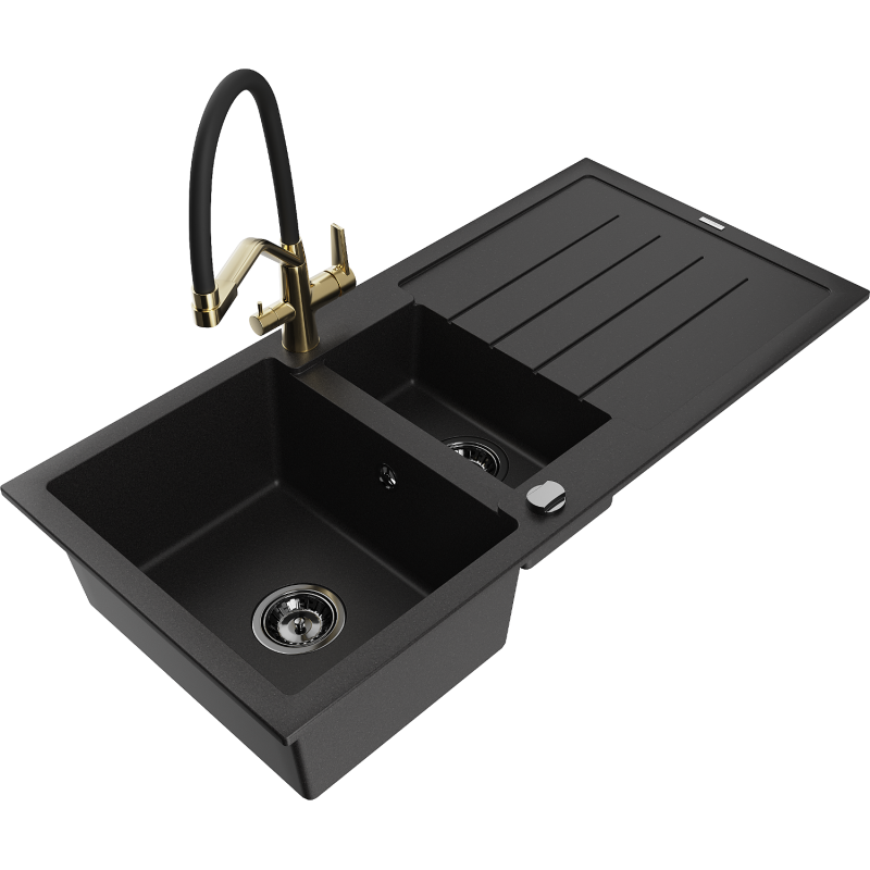 Mexen Andres fregadero de granito de 1,5 compartimentos con escurridor y grifo de cocina Duo, negro - 6515-77-671701-57-B