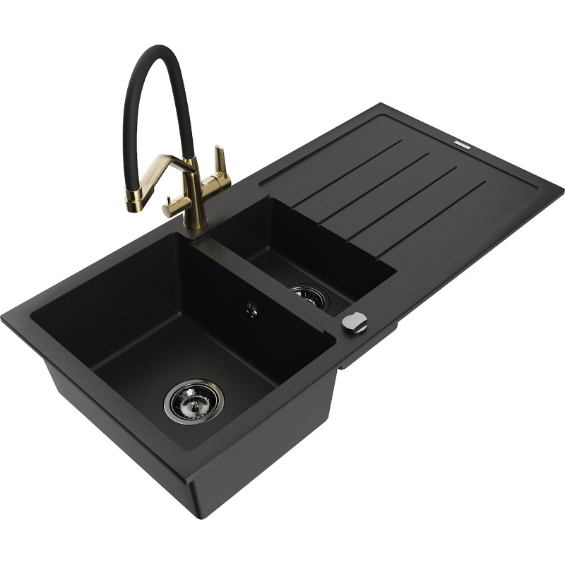 Mexen Andres fregadero de granito de 1,5 senos con escurridor y grifo de cocina Duo, negro - 6515-77-671701-57-B