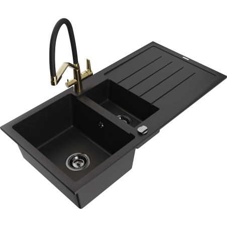 Mexen Andres granitische gootsteen 1,5-kamer met afdruiprek en keukenmengkraan Duo, zwart - 6515-77-671701-57-B