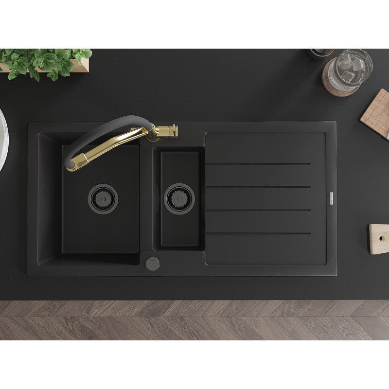 Mexen Andres fregadero de granito de 1,5 compartimentos con escurridor y grifo de cocina Duo, negro - 6515-77-671701-57-B