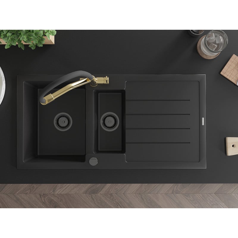 Mexen Andres granitspüle mit 1,5 Becken mit Abtropffläche und Küchenarmatur Duo, schwarz - 6515-77-671701-57-B