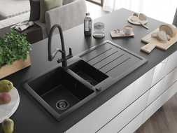 Mexen Andres Granitspüle 1,5-Bowl mit Abtropffläche und Küchenarmatur Duo, schwarz - 6515-77-671701-70-B