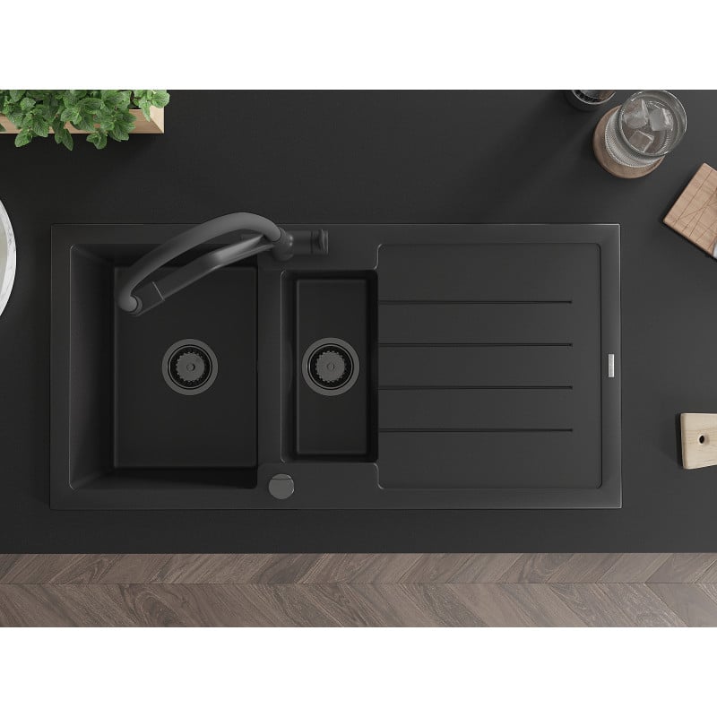 Mexen Andres fregadero de granito de 1,5 senos con escurridor y grifo de cocina Duo, negro - 6515-77-671701-70-B