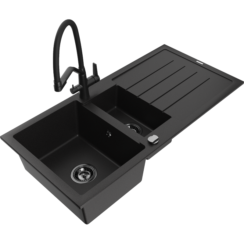 Mexen Andres fregadero de granito de 1,5 senos con escurridor y grifo de cocina Duo, negro - 6515-77-671701-70-B