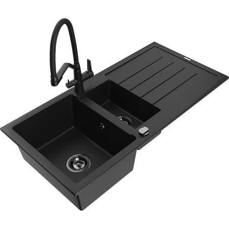 Mexen Andres fregadero de granito de 1,5 senos con escurridor y grifo de cocina Duo, negro - 6515-77-671701-70-B