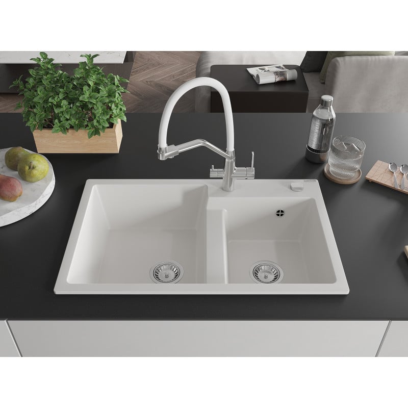 Mexen Tomas granite sink with 2 bowls and kitchen tap Duo, white - 6516-20-671701-02
