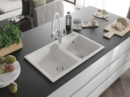 Mexen Tomas granite sink with 2 bowls and kitchen tap Duo, white - 6516-20-671701-02