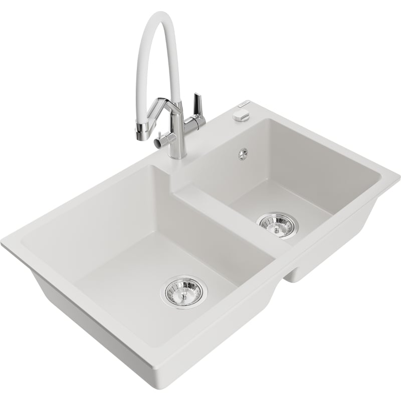 Mexen Tomas granite double-bowl sink with Duo kitchen faucet, white - 6516-20-671701-02