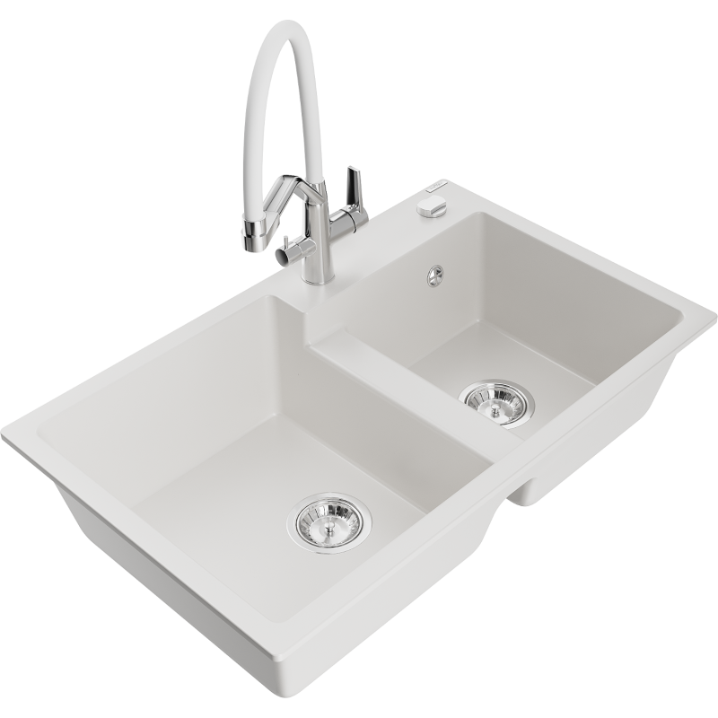 Mexen Tomas granite sink with 2 bowls and kitchen tap Duo, white - 6516-20-671701-02