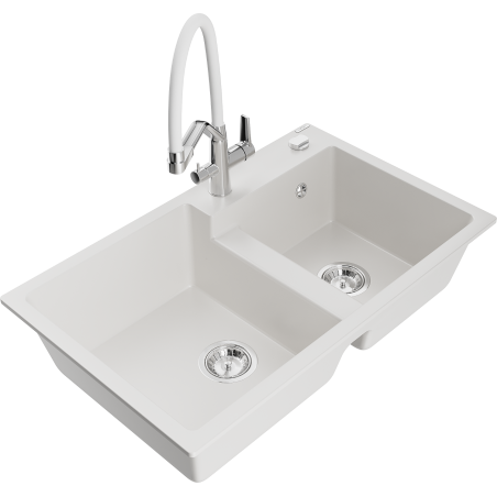 Mexen Tomas granite sink with 2 bowls and kitchen tap Duo, white - 6516-20-671701-02