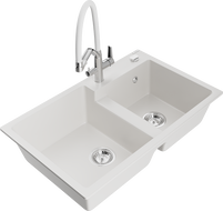 Mexen Tomas granite sink with 2 bowls and kitchen tap Duo, white - 6516-20-671701-02