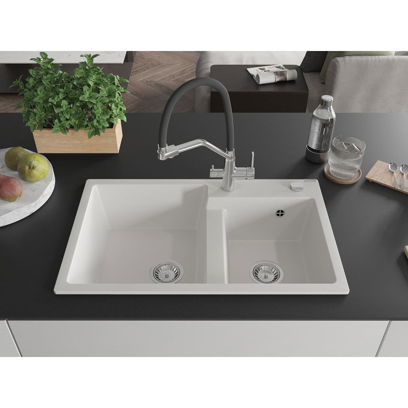 Mexen Tomas granite sink 2-bowl with kitchen tap Duo, white - 6516-20-671701-07