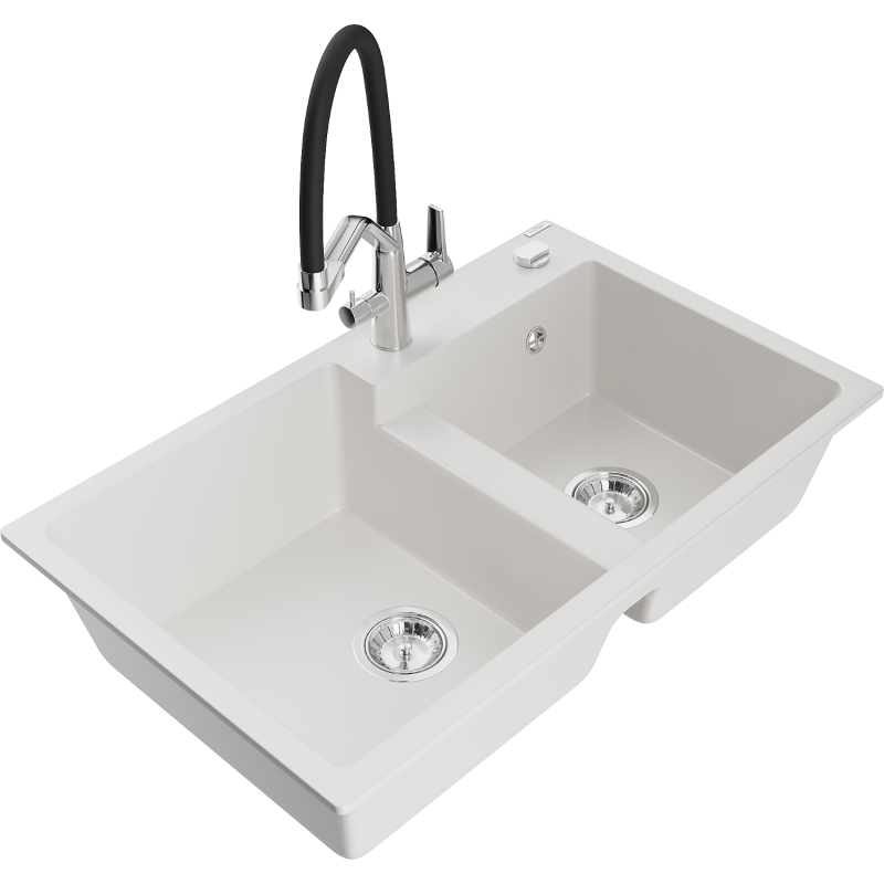 Mexen Tomas kaksiosainen graniittiallas keittiöhanalla Duo, valkoinen - 6516-20-671701-07