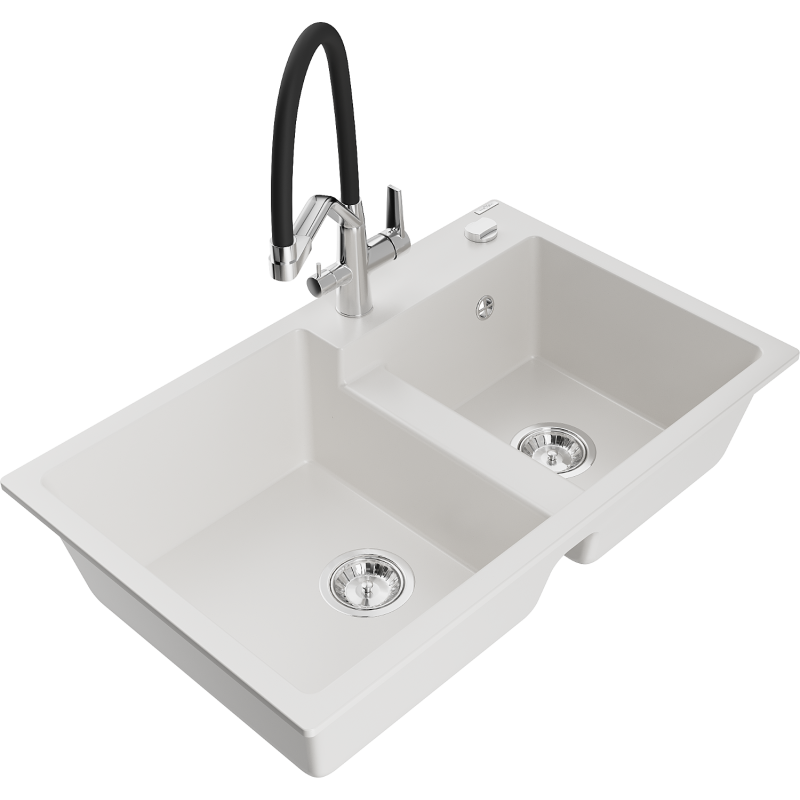 Mexen Tomas lavello in granito a 2 vasche con miscelatore da cucina Duo, bianco - 6516-20-671701-07