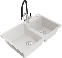 Mexen Tomas granite sink 2-bowl with kitchen tap Duo, white - 6516-20-671701-07