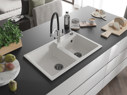 Mexen Tomas granite sink 2-bowl with kitchen tap Duo, white - 6516-20-671701-07-B