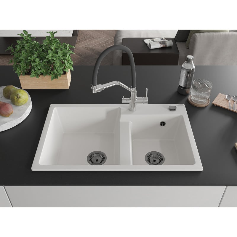 Mexen Tomas granite sink 2-bowl with kitchen tap Duo, white - 6516-20-671701-07-B