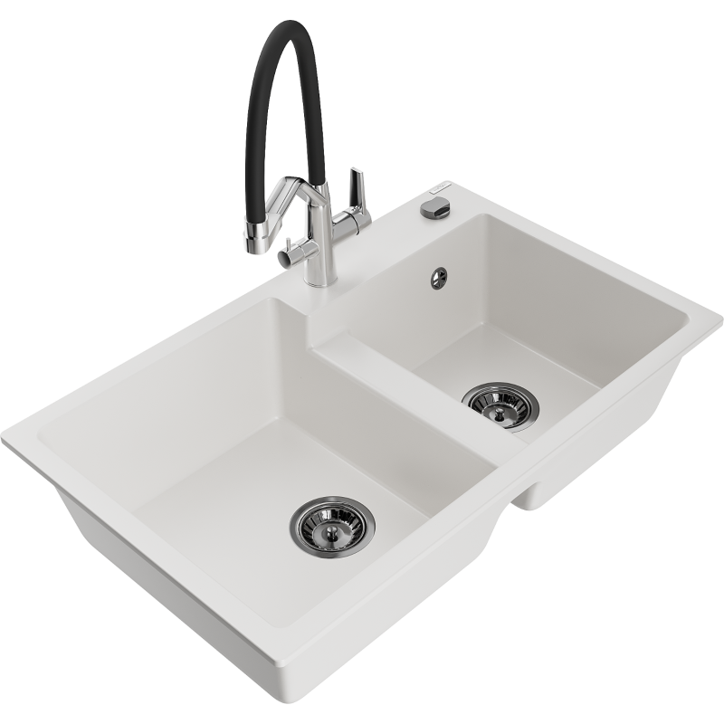 Mexen Tomas divpadsmitājs virsmas divkameru izlietne ar maisītāju Duo, balts - 6516-20-671701-07-B