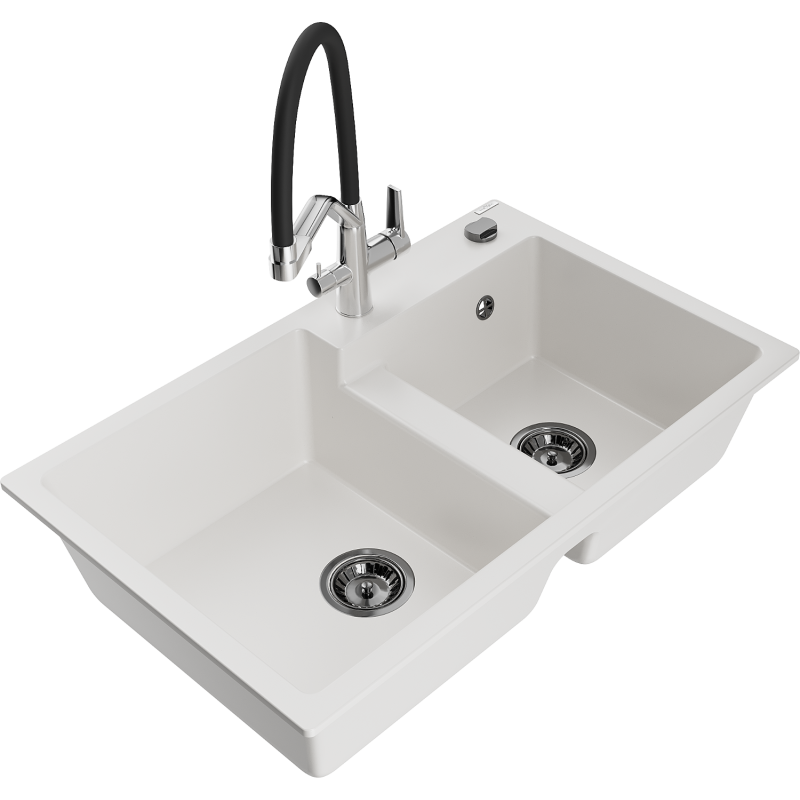 Mexen Tomas granite sink 2-bowl with kitchen tap Duo, white - 6516-20-671701-07-B