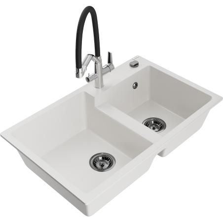 Mexen Tomas fregadero de granito 2 senos con grifo de cocina Duo, blanco - 6516-20-671701-07-B